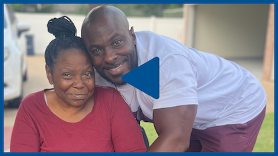 Caregiver Aubrey McDade Jr. and his mother in a video thumbnail that links to an interview with him on YouTube.