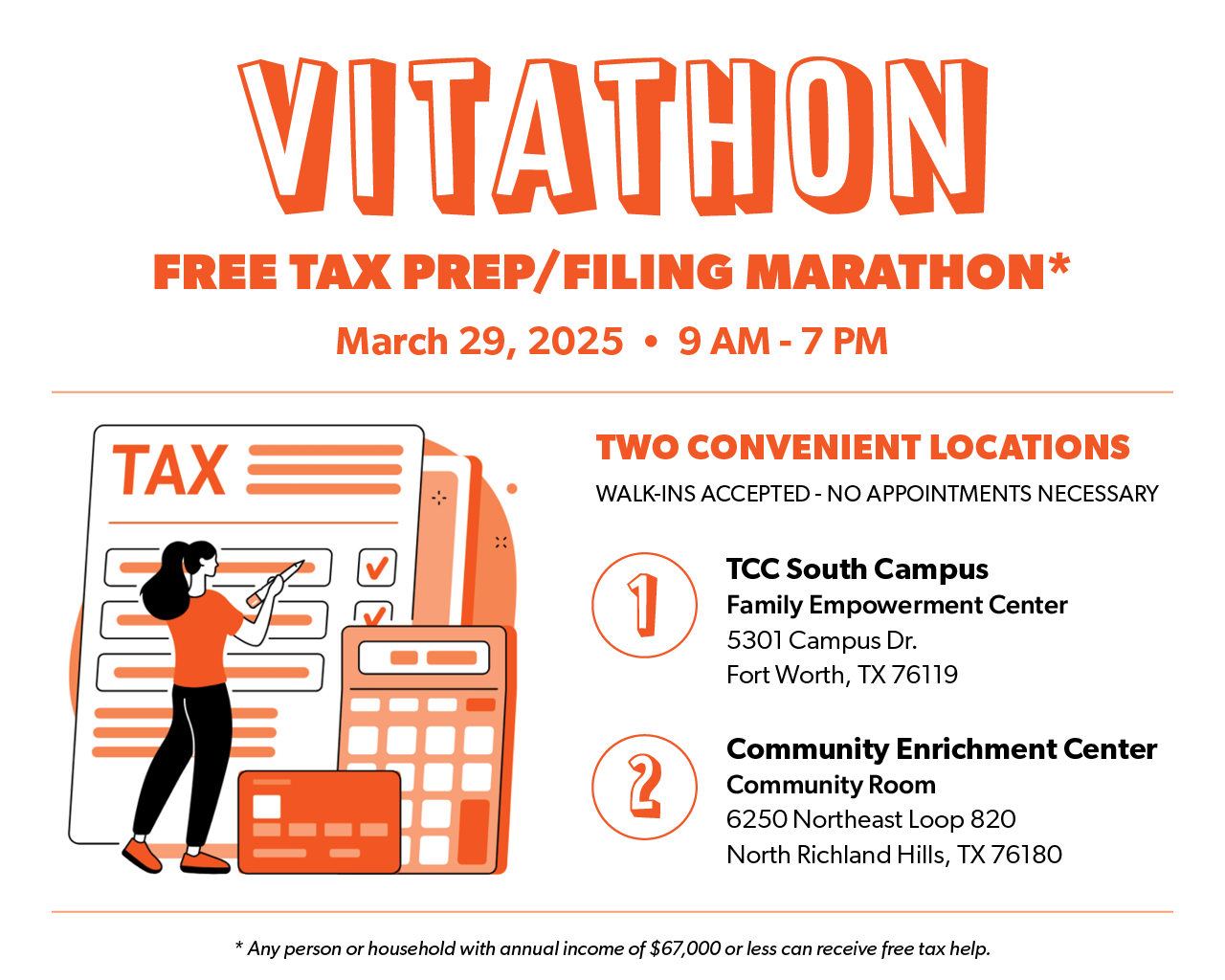 Promotional poster for Vitathon, a free tax preparation and filing marathon on March 29, 2025, from 9 AM to 7 PM. Features an illustration of a person working on a tax form. Includes details of locations at TCC South Campus and Community Enrichment Center in Fort Worth and North Richland Hills, Texas.