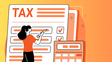 Orange and yellow illustration of a person filling out tax documents. 